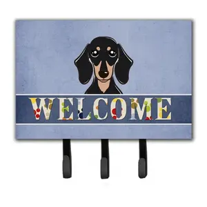 212 MAIN Smooth Black and Tan Dachshund Welcome Leash & Key Holder Hanger - Metal Wall Hook, 6x2x9 in, Home Decor Accessory