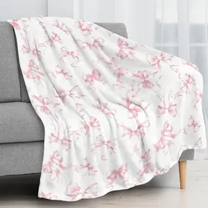 Gentle-Style Pink Bow Print Blanket — Sweet, Milky-White Soft Flannel Throw for Sofas and Naps