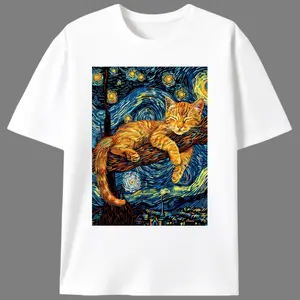 Van Gogh Starry Night Cat Men’s Graphic Tee |   Unisex Artistic Aesthetic Casual T-Shirt |   Summer Art & Cat Lover Gift