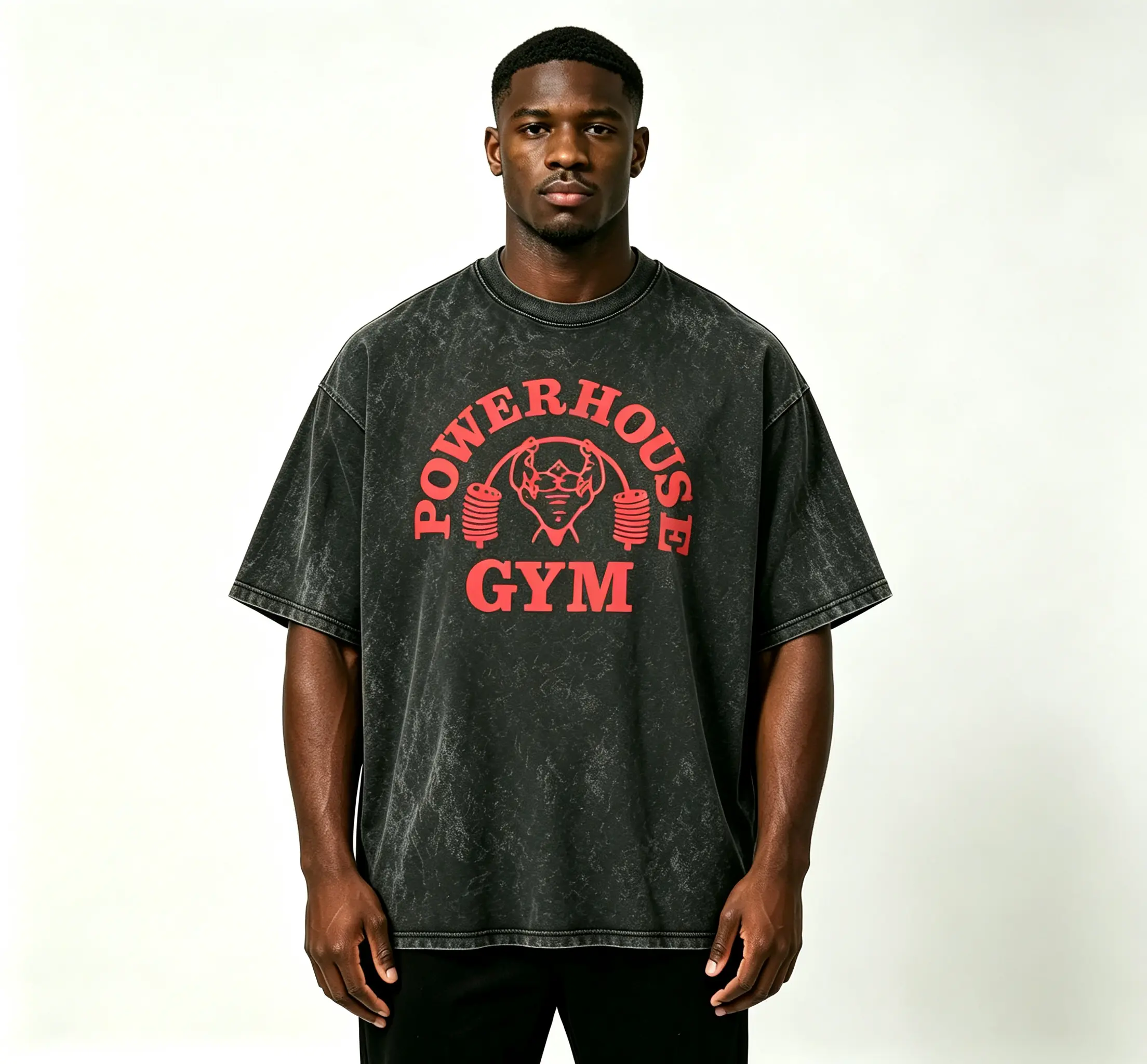 Men'S Heavyweight T-Shirt - 100% Vintage Washed Gym | Loose Fit, Wide Shoulder Sleeves, Gorilla World Gym & Powerhouse Gym Graphic Print