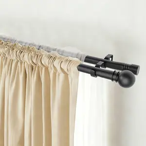 Double Curtain Rods for Windows, Adjustable Curtain Rods, Black Curtain Rod Set with 2 Poles & Brackets, 5/8 Inch Diameter Metal Drapery Rod for Living Room, Bedroom,Kitchen,Bathroom