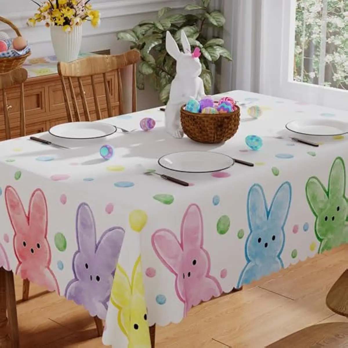 Easter Tablecloth Rectangle 60x84 Inch, Washable Colorful Bunny Easter Table Cloth Seasonal Spring Waterproof Scalloped Edge Fabric Home Party Picnic Dining Table Cover Decorations