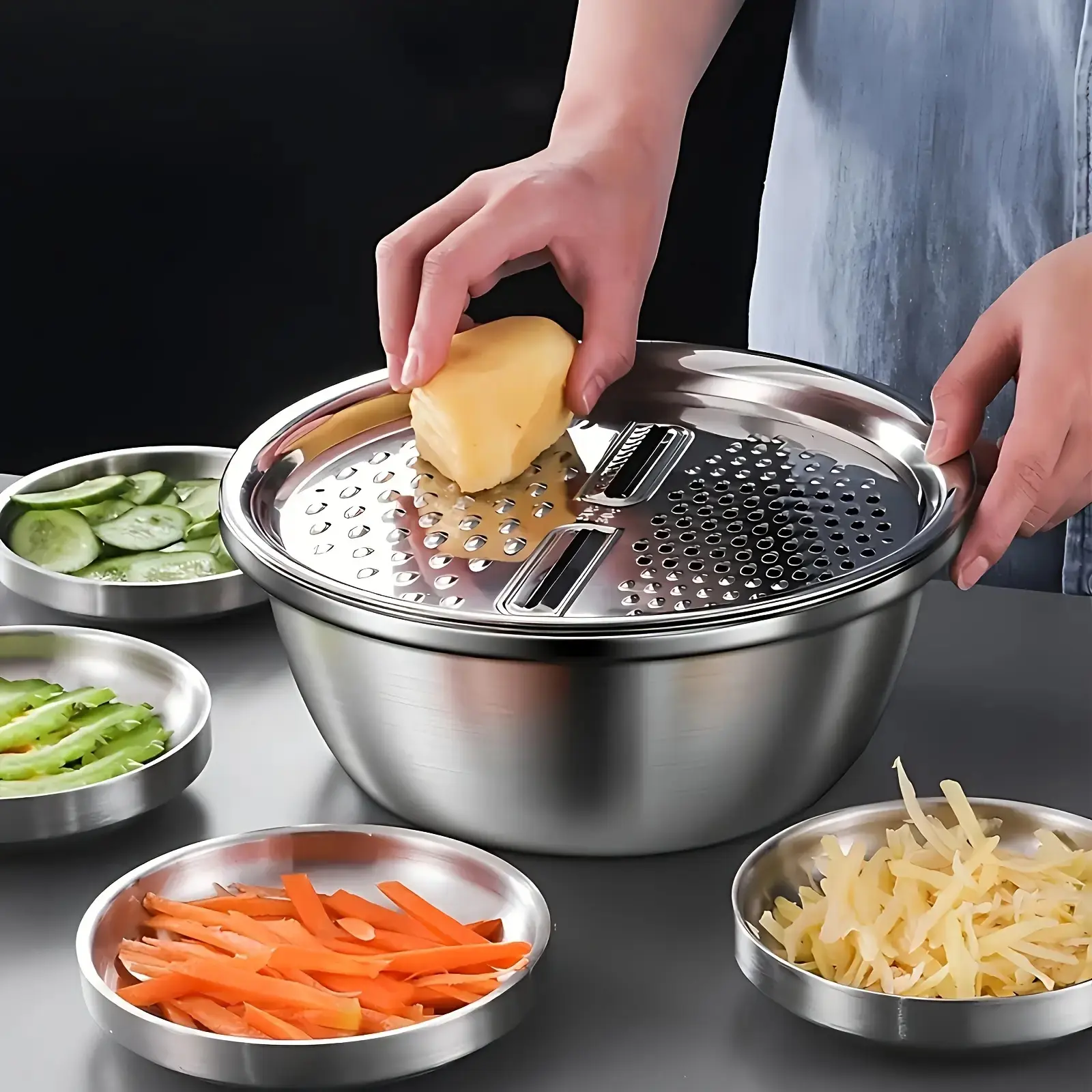 Silver Stainless Steel 3-Piece Kitchen Utensils Set - Kitchen Supplies with Integrated Grinder, Multifunctional Filter, Draining Mixing Bowl - Food-Safe for Slicing Fruits, Vegetables