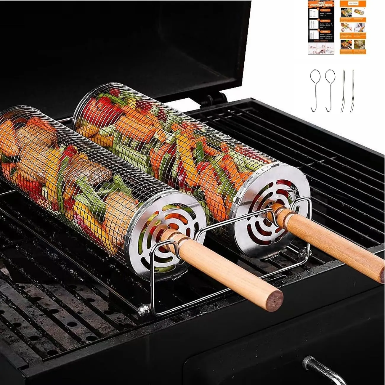 Rolling Grill Basket with Detachable Wood Handle, 304 Stainless Steel, Nest Grilling Tool, Smoker Rack Vegetable Accessory, Outdoor Cooking Camp Gift, Barbecue Utensils