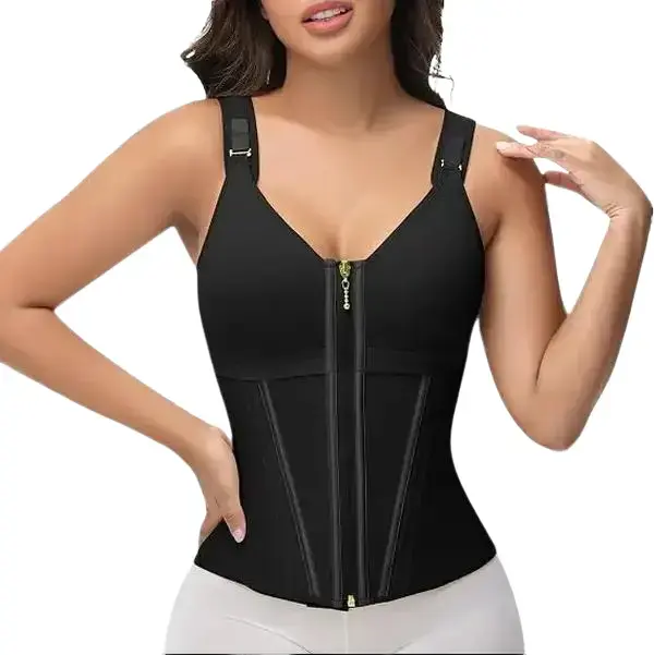 Women's Black Polyester V-Neck Solid Shapewear Corset Top - Gold Zipper Detail, Expandable, Adjustable Straps for Sleek Silhouette Enhancement buttlifting bodysuit