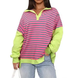 Women's V-neck Split Striped Sweatshirt Loose Contrast Color Irregular Casual Fashion Sleeve Drop Shoulder Comfort Oversized Pullover sweatshirts Cotton Womenswear Comfortable Hoodie