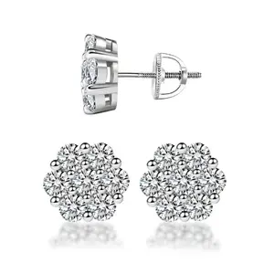D Color VVS Synthetic S925 Sterling Silver Moissanite Screw Back Lab-Created Flower Stud Earrings Birthday Anniversary Mother's Day Gifts for Men Women