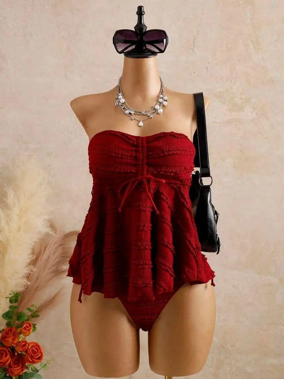 Bellisia Wine Red Tiered Textured Strapless Tankini Set | Ruched Bandeau Babydoll Top | Bohemian Tummy Control 2-Piece Swimsuit
