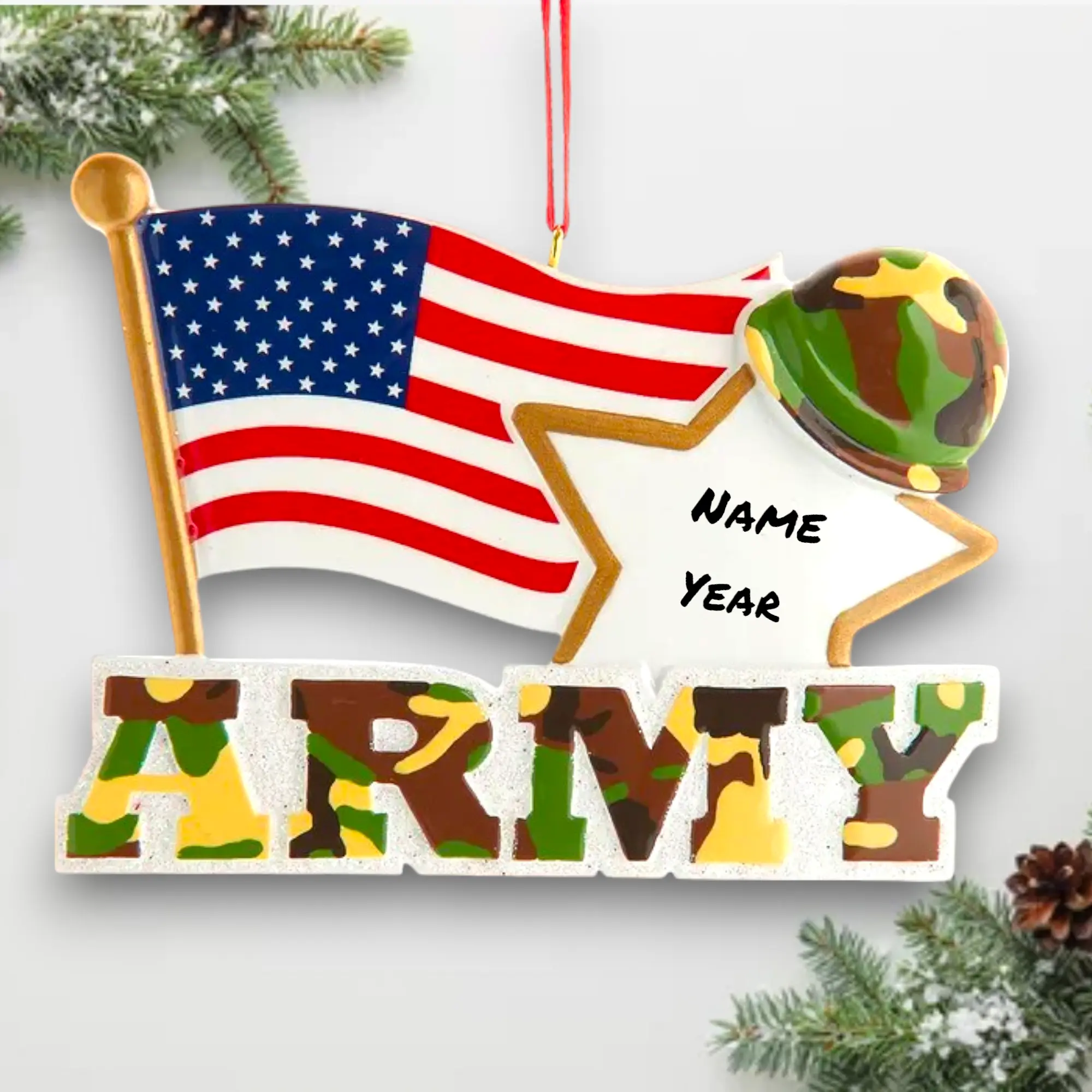 Personalized Army Christmas Ornament – Custom Name & Year – American Flag & Star Design with Camo Letters – Military Keepsake – Noel Box