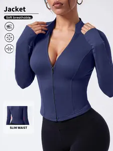 Women's Fitted Zipper Jacket, Stand Collar Long Sleeve Yoga Coat, Short Waist Slimming Shaping Fabric, Running Fitness Training Top, Sporty Breathable Outerwear