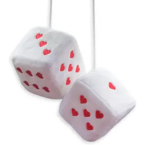Heart Shaped Vintage Embroidered Fuzzy Plush Dice, Pair 3" Heart Shaped Hanging Dice Ornaments, New Car Decorative Vintage Accessories for Car Interior Rearview Mirror
