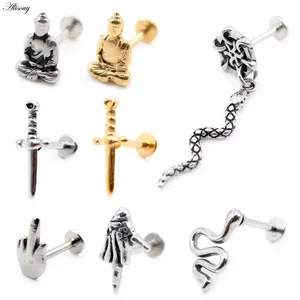 Alisouy 1PC Stainless Steel Snake Cross Sword Buddha Finger Piercing Tragus Helix Bar Labret Lip Ring Stud Cartilage Ear Earring