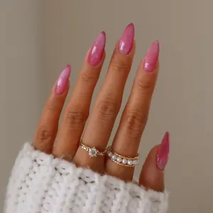 Glossy Acrylic Cat Eye Press-On Nails - Solid Pink Almond Shape 24Pcs, 12 Sizes Reusable Women’s Christmas Holiday Nails