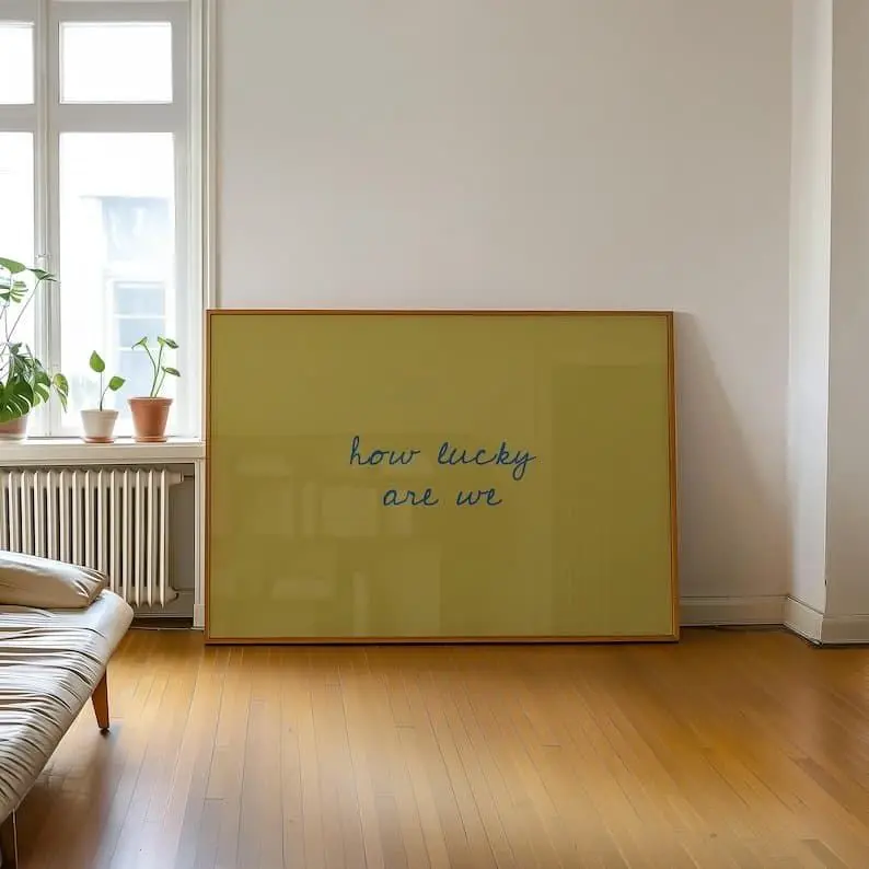 18x12 in Luster Paper Fantasy Anime 'How Lucky Are We' Handwritten Font Yellow Photo Print - Eco-Friendly, Modern Minimalistic, Fade-Proof Home Decor Wall Art for Kid Room, Nursery, Bathroom
