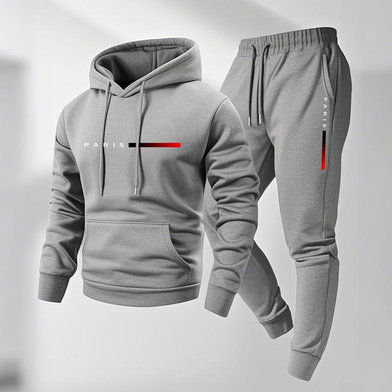 Men's Paris Letter Printed Hoodie & Drawstring Sweatpants Set Casual Athletic 100% Polyester Loose-Fitting Tracksuit for Fall Winter Spring Autumn
