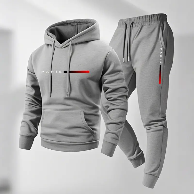 Men's Paris Letter Printed Hoodie & Drawstring Sweatpants Set Casual Athletic 100% Polyester Loose-Fitting Tracksuit for Fall Winter Spring Autumn