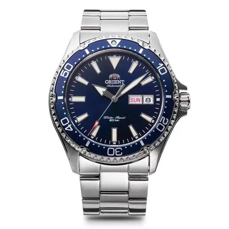 HogarSimple  Men's Automatic Diver Watch, Deep Blue Dial, Blue Rotating Bezel, 200m Water Resistant, Day Date Display, Luminous Stainless Steel Sports Mechanical Wristwatch Reloj Automático de Buceo para Hombre