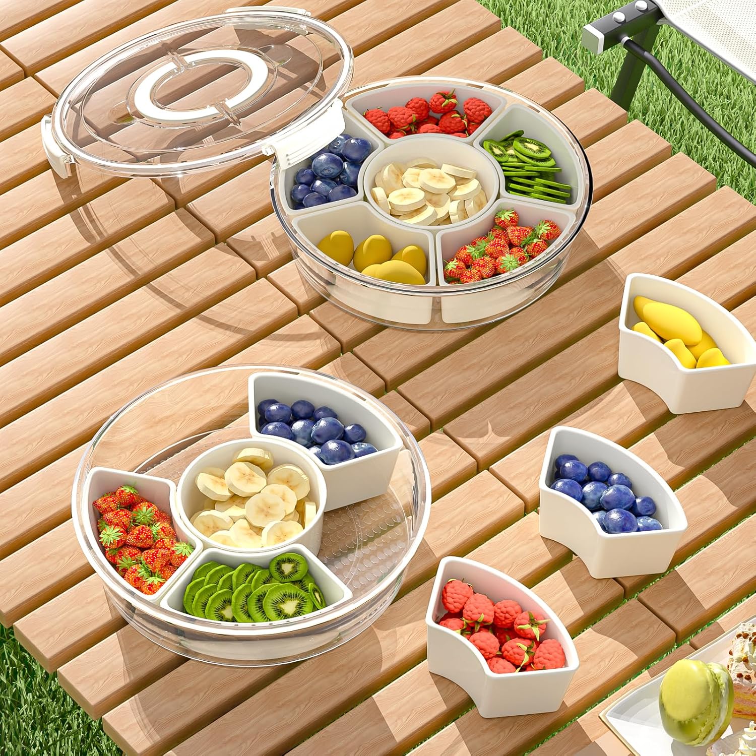 Divided Serving Tray with Lid and Handle 8-Piece Set Stackable Snack Box for Fruits Candy Organizer Portable Spinning Rounded Veggie Tray for Kitchen Party Travel Picnic Meal Prep Plate Snack Supplies