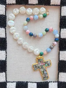 Gold Abalone Cross Pendant Colorful Beaded Necklace