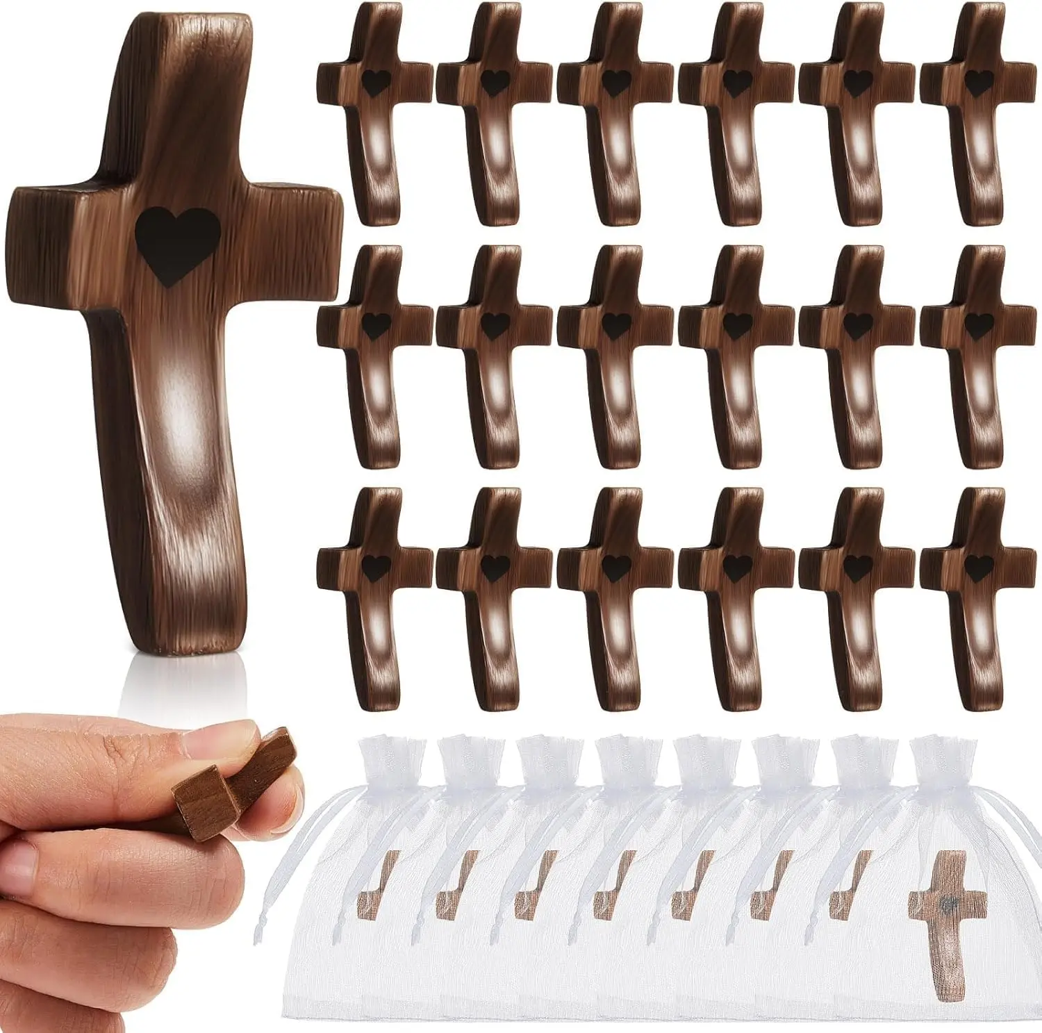 5 workday delivery-Handmade Wooden Cross Fidget bulk -Pocket CrossMy Heart with Organza Bags - Stress Relief Fidget Toy forChristian, Pocket Prayer Cross, Religious Easter Fathers DayFirst Communion Gifts