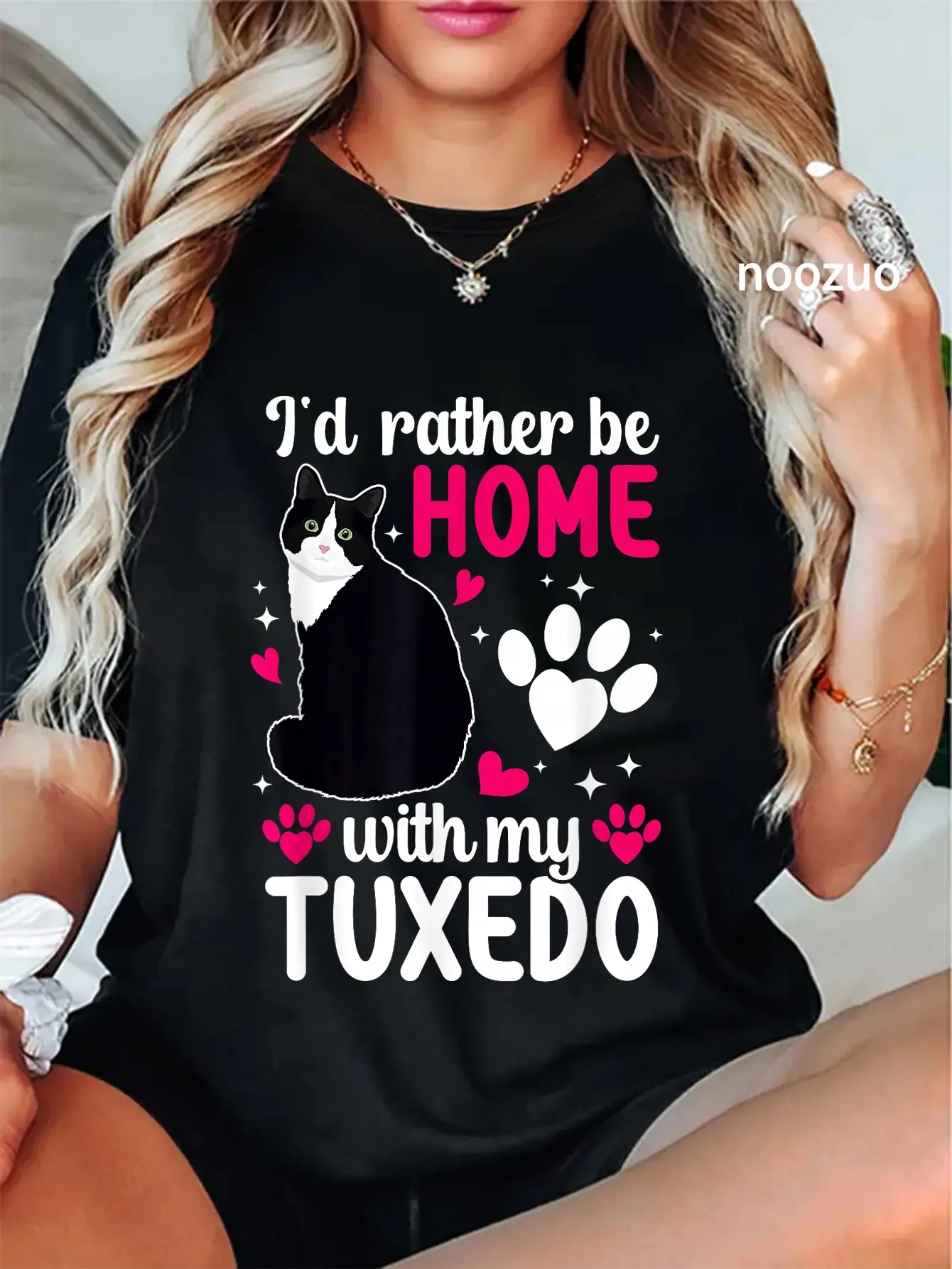 100% Cotton I'd Rather Be Home with My Tuxedo Cat Owner Tuxedo Cat Lover T-Shirt