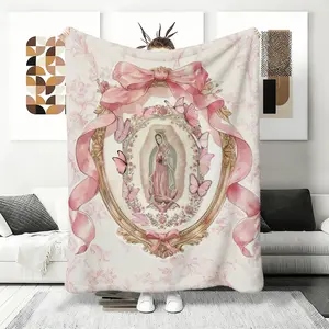 Our Lady of Guadalupe Flannel Blanket, Sweet & Devotional Pink & Gold Art Fleece Throw, With Bows and Butterflies, Soft Gift for Women, Cultural Home Decor, Perfect Novelty Gift for Friends Fans Adults Women Men , plush blankets, mellow blanket