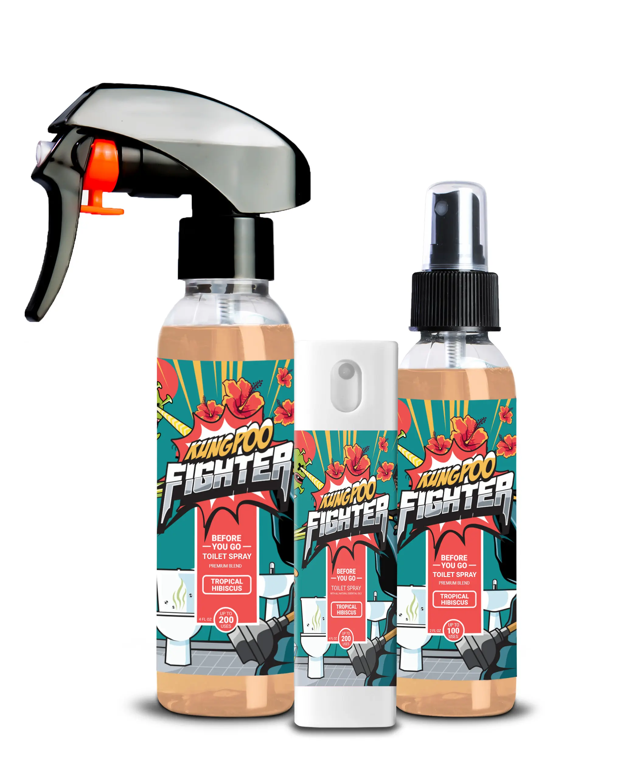 Kung Poo Fighter Toilet Spray (Tropical Hibiscus, 4oz) - Natural USA Made Before You Go Bathroom Toilet Odor Eliminator Gift Bowl Scent
