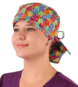 Big Hair Ponytail Surgical Scrub Cap - Perfect Scrub Cap for Long Hair - Colorful Cats Meow