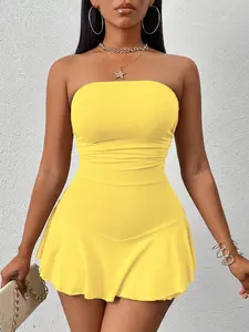 Yellow Romper for Women - Cute Ruffle Hem Strapless Playsuit