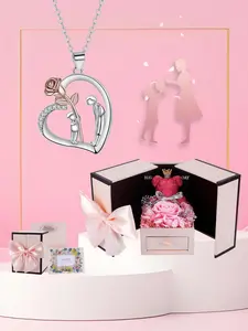 Mother and Child Necklace With Moss Bear Rose Jewelry Gift Box, Child Send Flower to Mom Necklace, Mother's Day Birthday Necklace Gift for Mom Heart Design Necklace, Flower Bouquet Necklace