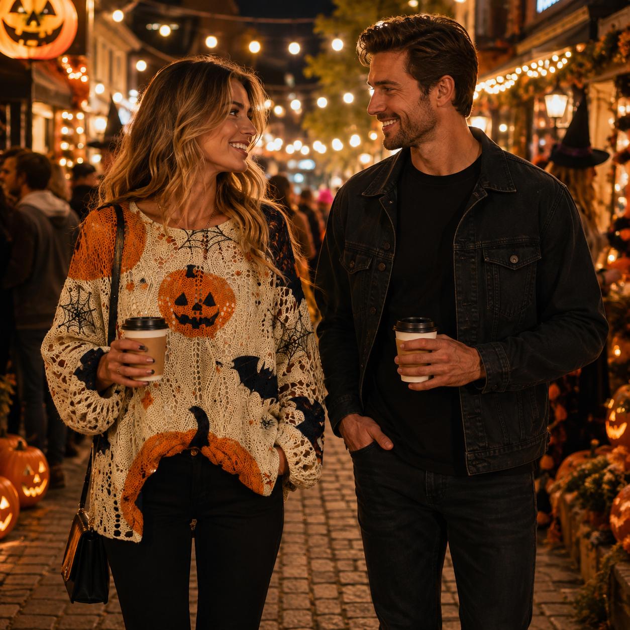 Halloween knit pullover sweater shown with a relaxed loose fit