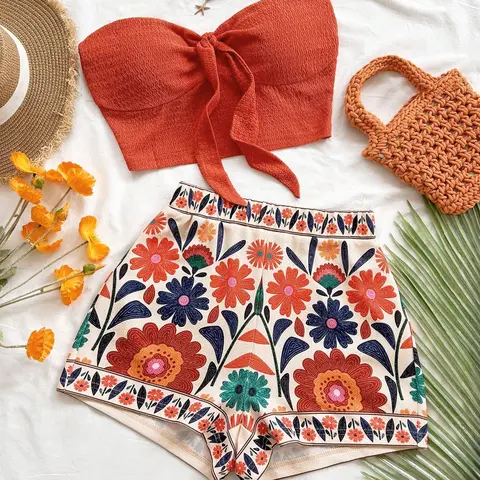 Women's Summer Vacation Two-Piece Set, Sensual Boho Tube Crop Top & Bohemian Ethnic Floral Print Shorts, Summer Matching Sets
