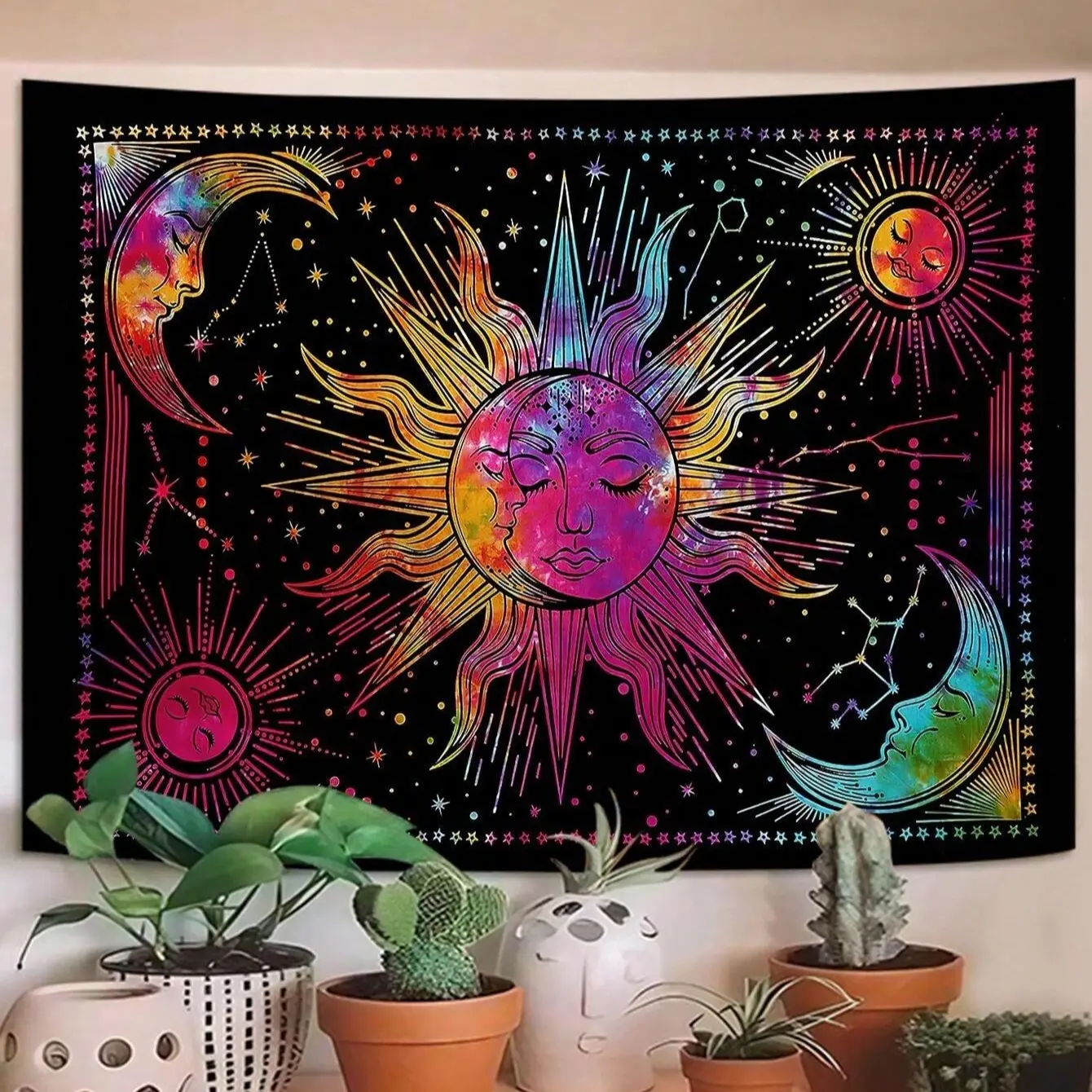 A Bohemian sun, moon and star pattern tapestry, Tapestry Wall Hanging, bohemian tapestry style, horizontal design, made of 90gms polyester fabric, suitable for indoor decor, tapestry room decor, comes with installation package