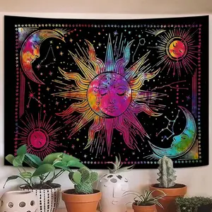 A Bohemian sun, moon and star sky pattern tapestry, with a horizontal design, made of 90gms polyester fabric. It is highly suitable for decoration in living rooms and bedrooms, as well as indoor wall art. Comes with installation package.