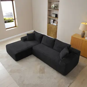 105-Inch Cloud-Style Modular Corduroy Couch, Modern Upholstered L-Shaped Sofa with Wide Arms, Chaise, Ultra-Soft Deep Seats, Optional Corduroy Ottoman, Black Indoor Living Room Apartment Furniture, L Shaped Sofas