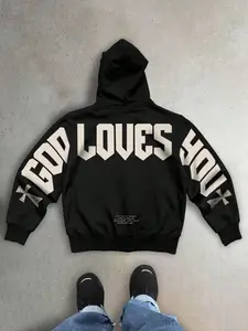 Opium Aesthetic "GOD LOVES YOU" Oversized Full-Zip Hoodie | Gothic Cross Sleeve Print Heavyweight Streetwear | Baggy Darkwear Sweatshirt for Urban Night Out & Skate Style | Unisex High-Street Essentials.
