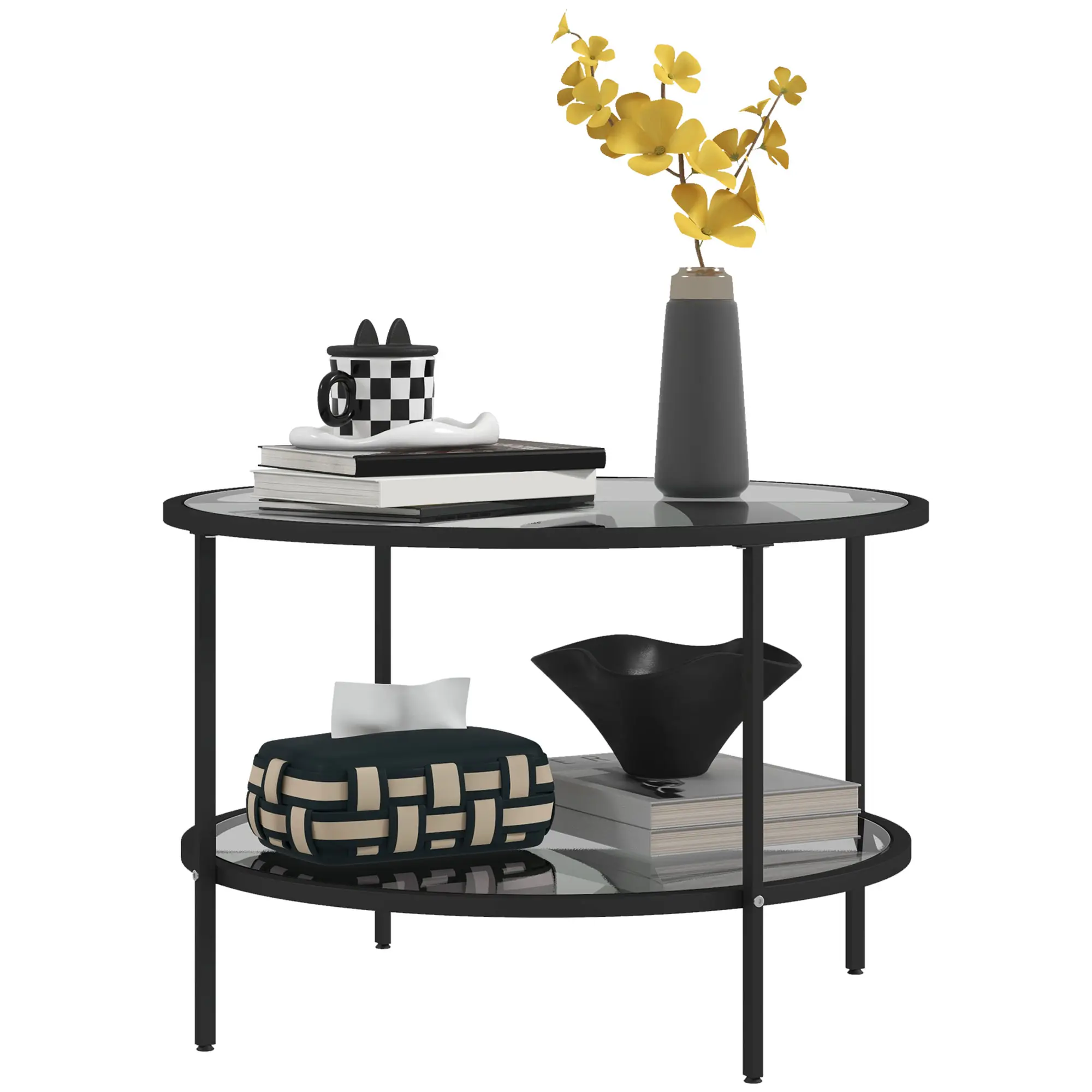 HOMCOM Side Table with Storage, 36" Round End Table, 2-Tier Tempered Glass Coffee Table with Steel Frame for Living Room, Gold