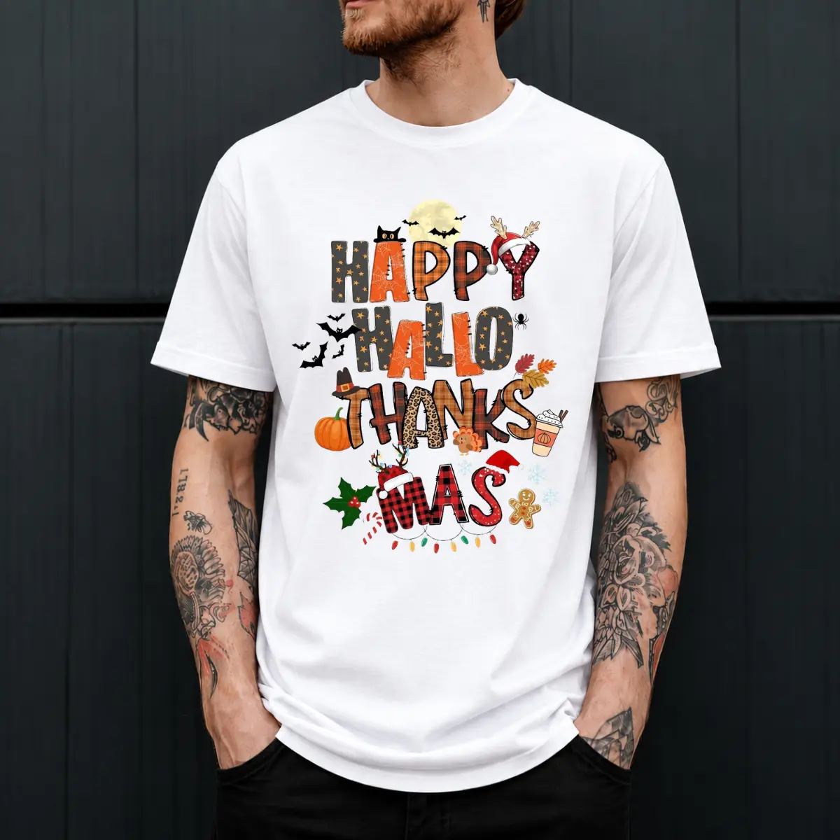 Halloween Thanksgiving Christmas TShirt, Happy Hallo Thanks Mas Graphic Tee, Funny Holiday Mashup Shirt, Pumpkin Turkey Reindeer Santa Shirt, Cute Fall Christmas TShirt, Spooky Holiday Outfit, Unisex Gift