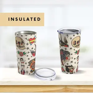 Tattoo Flash Insulated Tumbler Traditional Tattoo Art Drinkware Personalized Travel Mug Custom Ink Design Coffee Cup Tattoo Gift For Holiday Flasks Stainless Steel Bottles Portable Water Bottles