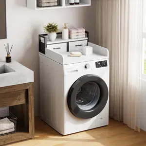 Vintage 2-Tier Washer Dryer Countertop Organizer with Shelf & 2 Drawers – High Guardrails, Non-Slip Pad – Laundry Superior Storage Rack for 27.5" x 27.5" Machines, Vintage Color