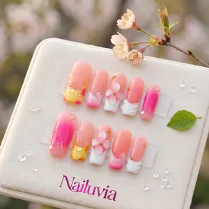 Nailuvia｜10PCS 100% Handmade Press-On Nails｜D193 1.2 Inch｜Reusable Colorful Art Acrylic Stylish｜Pink Gradient 3D Floral