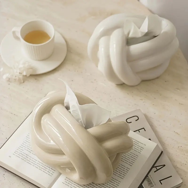 1pc Ceramic Knot Design Tissue Box Cover - Beige & White Modern Round Holder, Minimalist Home Decor Dispenser for Bathroom, Living Room, Napkin Holder