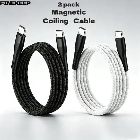 FINEKEEP 60W Magenetic 2 pack USB-C to USB-C Magnetic Charging Cable, Retractable Car Phone Cable, Easy to Store, Tangle-Free, Fast Data Transfer, Quick Charging, Compatible with iPhone18/ 17/16/15, Durable Alloy Connector, Fast Charging USB Cable