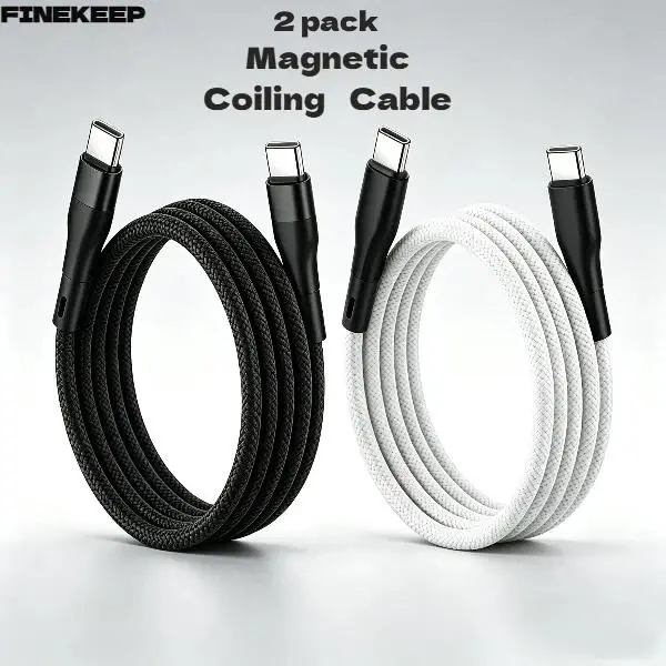 FINEKEEP  60W Magenetic 2 pack USB-C to USB-C Magnetic Charging Cable, Retractable Car Phone Cable, Easy to Store, Tangle-Free, Fast Data Transfer, Quick Charging, Compatible with iPhone18/ 17/16/15, Durable Alloy Connector, Fast Charging USB Cable