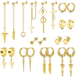 FIASASO 22-Piece Unisex Daily Earring Set - Stainless Steel Hinged Hoop, Long Chain, Stud, Cross Dangle Earrings with Metal Coating (Black, Silver, Gold)