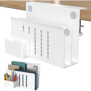 Desk Side Storage, 2 Tier Steel Hanging Desk Organizer with  Pen Holder, No Drilling Standing Desk Drawer  Management Tray, Under Table Laptop Holder for Office, School&Home(White)