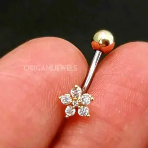 Dainty CZ Flower Floating Belly Button Ring by Origami Jewels