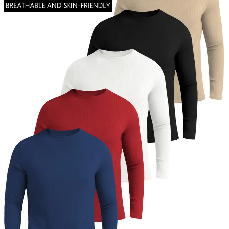 Men's 5-Piece Classic Plain Casual Long-Sleeve Polyester Twill Thermal Tops Set, Round-Neck Menswear Clothes for Outdoor Sports & Athletic Activities, Beige