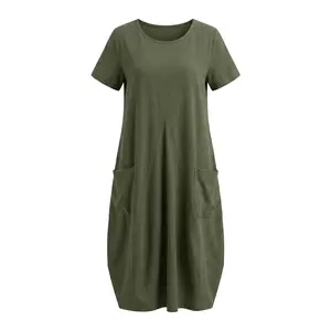 Women's Casual Cotton Linen Dress, Loose-Fit Solid Color V-Neck Short Sleeve Midi Tunic with Pockets for Summer