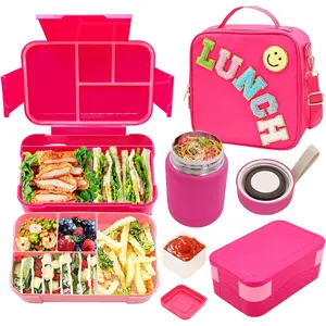 Bento Box Set for Kids with 10oz Thermo Food Jar, Leak-Containers with 6 Compartment, Nylon Preppy Bag with Strap for Girls School Travel